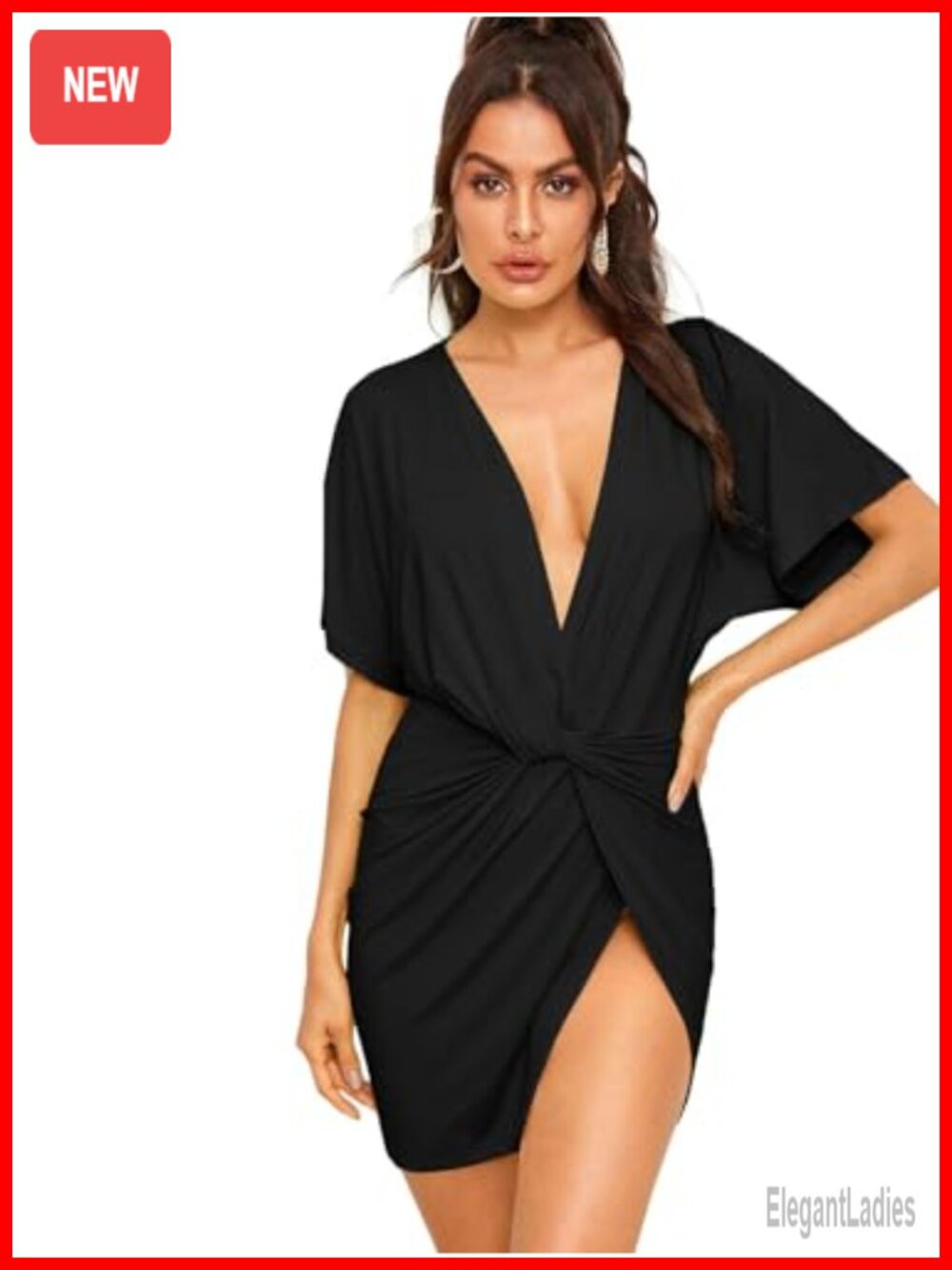Women's Deep V Neck Twisted High Slit Mini Party Dress High Stretch